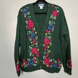 Pendleton Vintage Embroidered Floral Rose Cardigan Knit Green Sweater Women’s 1X